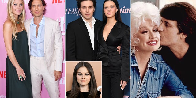 Selena Gomez, inset middle, joked about being in a "throuple" with Brooklyn Beckham and Nicola Peltz in January. Other celebrities have openly discussed their unconventional pairings.