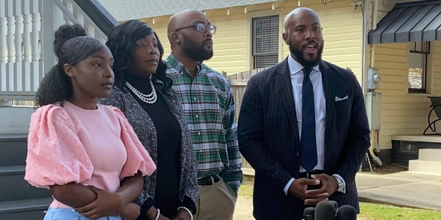 Marissa Barnwell, a River Bluff High School student, her parents and their lawyer, Tyler Bailey, hold a news conference in Columbia, S.C., on Thursday, March 9, 2023, regarding a lawsuit filed against Lexington School District.