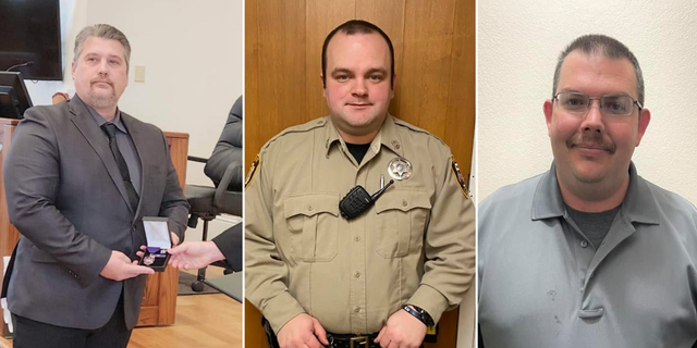 Missouri State Highway Patrol arrested Iron County Sheriff Jeff Burkett (L) along with deputies Chase Bresnahan (M) and Matthew Cozad (R).