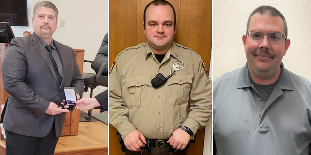 Missouri State Highway Patrol arrested Iron County Sheriff Jeff Burkett (L) along with deputies Chase Bresnahan (M) and Matthew Cozad (R).