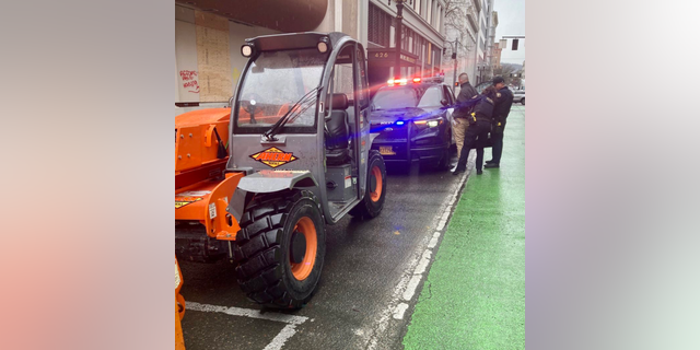 The Portland Police Bureau said in a tweet on Tuesday that officials received a 911 call about an individual driving a stolen forklift to chase people in the downtown area.