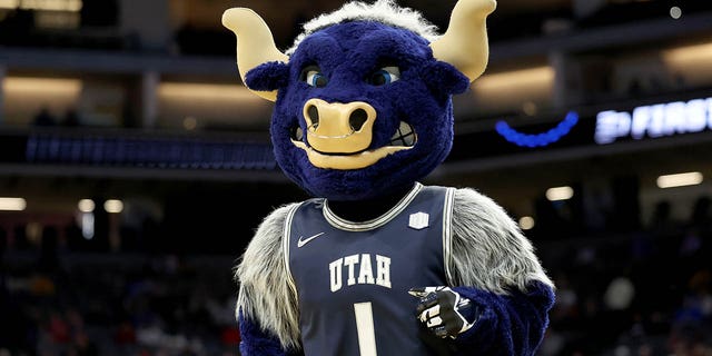 The Utah State Aggies mascot performs before the game against the Missouri Tigers in the first round of the NCAA Men's Basketball Tournament at the Golden 1 Center on March 16, 2023 in Sacramento, California.