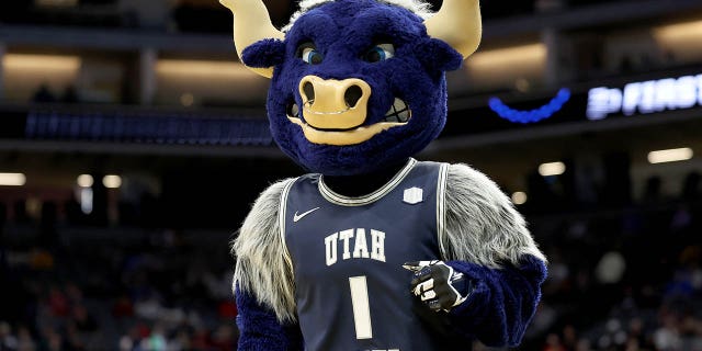 The Utah State Aggies mascot performs before the game against the Missouri Tigers in the first round of the NCAA Men's Basketball Tournament at the Golden 1 Center on March 16, 2023 in Sacramento, California.