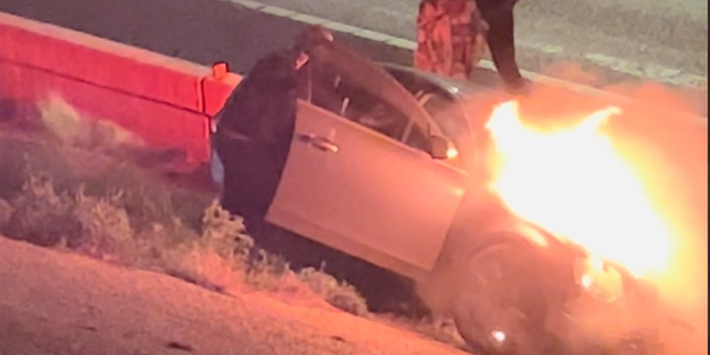 A burning vehicle following a car crash in Austin, Texas on March 5, 2023.