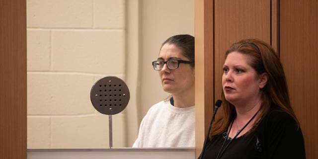 Victoria Fox, left, appears before the court alongside Deputy Public Defender Brianne Murphy during her sentencing at San Diego Superior Courthouse in San Diego, CA on Tuesday, Feb. 28, 2023. Fox was sentenced to 25 years to life for the murder of a newborn baby under her care in 2021.