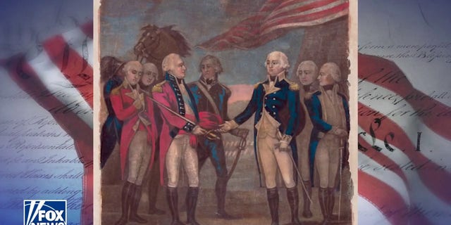 British General Charles Cornwallis surrenders to General George Washington at Yorktown, Va.