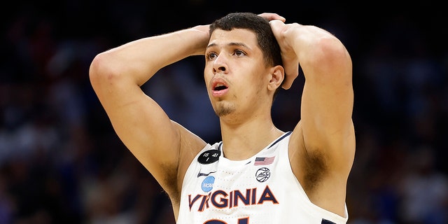 Kadin Shedrick of the Virginia Cavaliers looks dejected against the Furman Paladins during the second half of the first round of the NCAA Men's Basketball Tournament at the Amway Center on March 16, 2023 in Orlando, Florida.
