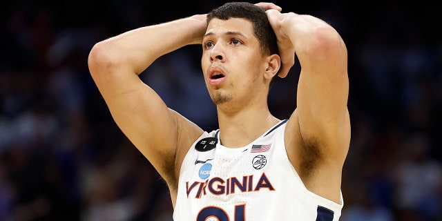 Kadin Shedrick of the Virginia Cavaliers looks dejected against the Furman Paladins during the second half of the first round of the NCAA Men's Basketball Tournament at the Amway Center on March 16, 2023 in Orlando, Florida.