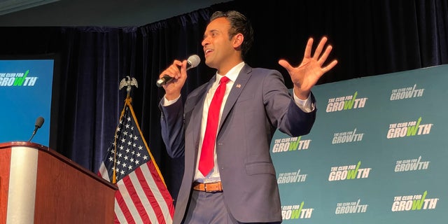 Republican presidential candidate Vivek Ramaswamy speaks at a donor conference hosted by the conservative group Club for Growth on March 4, 2023, in Palm Beach, Florida.