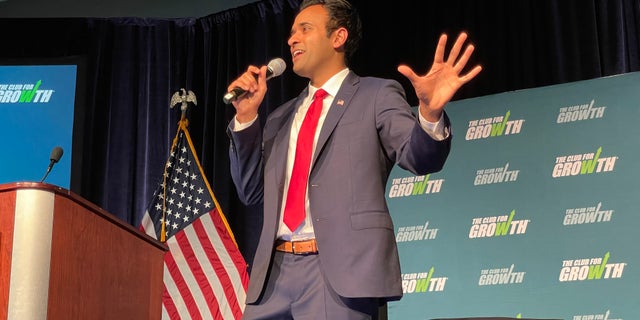 Republican presidential candidate Vivek Ramaswamy speaks at a donor conference hosted by the conservative group the Club for Growth, on March 4, 2023, in Palm Beach, Florida.