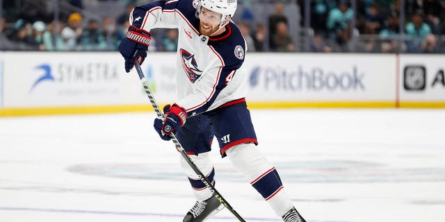 Vladislav Gavrikov, #4 of the Columbus Blue Jackets, shoots during the third period against the Seattle Kraken at Climate Pledge Arena on January 28, 2023 in Seattle.