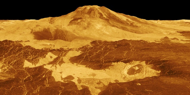 Maat Mons is displayed in this computer generated three-dimensional perspective of the surface of Venus. Lava flows extend for hundreds of kilometers across the fractured plains shown in the foreground, to the base of Maat Mons.