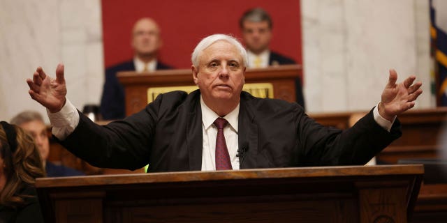 West Virginia Gov. Jim Justice delivers his annual State of the State address in the House Chambers at the state capitol in Charleston, West Virginia, on Jan. 11, 2023.