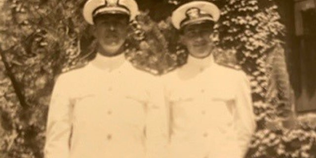 Fred Fonda, left, and Al Sitarski, right, in U.S. Navy dress uniforms in the early 1940s.