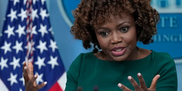 White House press secretary Karine Jean-Pierre answers press questions during briefing