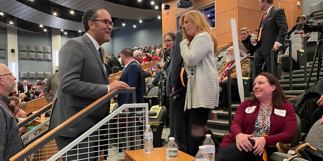 Former Republican Rep. Will Hurd of Texas greets activists at the New Hampshire GOP annual meeting, on Jan. 28, 2023 in Salem, N.H.