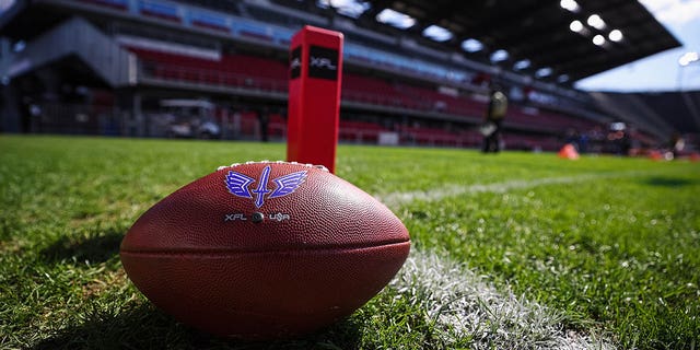A general view of a St Louis Battlehawks football on the field before the XFL game between the DC Defenders and the St Louis Battlehawks at Audi Field on March 5, 2023 in Washington, D.C.