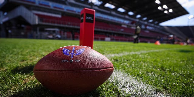 A general view of a St Louis Battlehawks football on the field before the XFL game between the DC Defenders and the St Louis Battlehawks at Audi Field on March 5, 2023 in Washington, DC