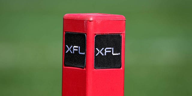 A general view of the XFL logos on an end zone pylon during the first half of the XFL game between the DC Defenders and the St Louis Battlehawks at Audi Field on March 5, 2023 in Washington, D.C.