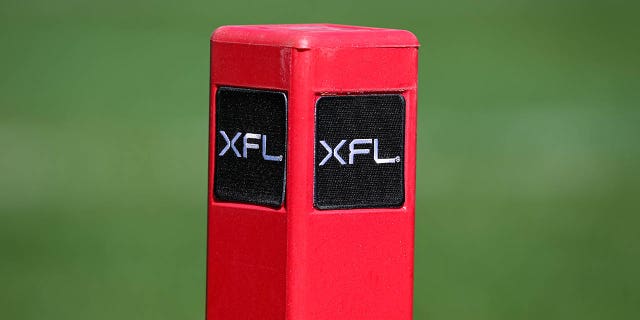 A general view of the XFL logos on an end zone pylon during the first half of the XFL game between the DC Defenders and the St Louis Battlehawks at Audi Field on March 5, 2023 in Washington, DC