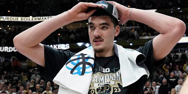 Purdue's Zach Edey celebrates his team's 67-65 victory over Penn State for the Big Ten tournament championship in an NCAA college basketball game on Saturday, March 11, 2023, in Chicago.