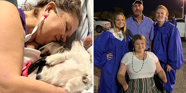 Texas mom suffers quadruple amputation, credits her faith and a little dog for pulling her through 4 Above left, Adkins and her Chiweenie, Mazi, snuggle in bed. On right, Adkins is shown with her husband and children.