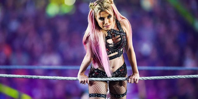 Alexa Bliss is introduced by the Raw Women's Championship during the WWE Royal Rumble event at the Alamodome on January 28, 2023 in San Antonio, Texas.