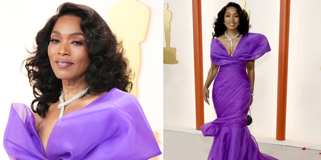 Angela Bassett stunned at the Oscars in a purple Moschino gown.