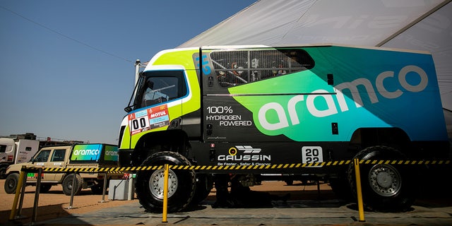 The Saudi Aramco H2 hydrogen-powered racing truck, developed by Gaussin, on display during the Dakar Rally in Riyadh, Saudi Arabia, on Saturday, Jan. 8, 2022. State-controlled oil producer Saudi Aramco sponsored the first hydrogen fueled truck to compete in the Dakar Rally, which takes place in Saudi Arabia Jan. 2-14.