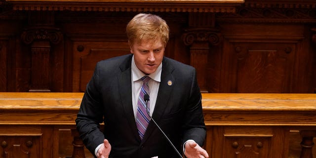 Senate Appropriations Committee Chairman Blake Tillery speaks in the Senate chamber at the Georgia state Capitol on March 31, 2021. Tillery's committee passed a budget bill Wednesday.