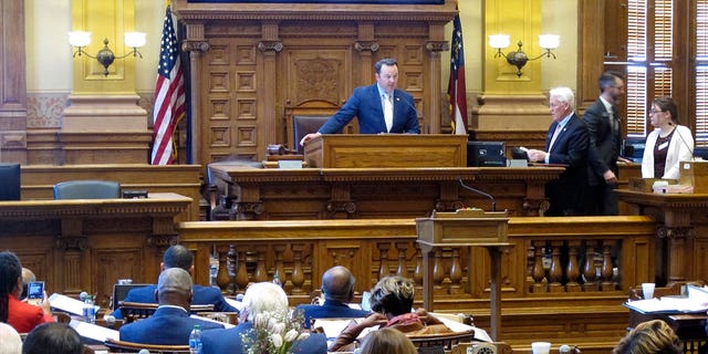 The Georgia state Senate meets in Atlanta on March 29, 2023, during the final day of the legislature's 40-day session. State lawmakers passed a measure that would increase weight limits for some trucks on state highways.