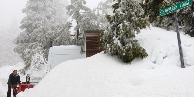 Richard Pelayo clears snow from his driveway after a series of winter storms dropped more than 100 inches of snow in the San Bernardino Mountains in Southern California on March 6, 2023, near Twin Peaks, California.