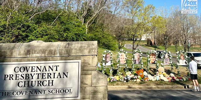 Memorials for the six victims who were killed in a mass shooting are placed outside of The Covenant School