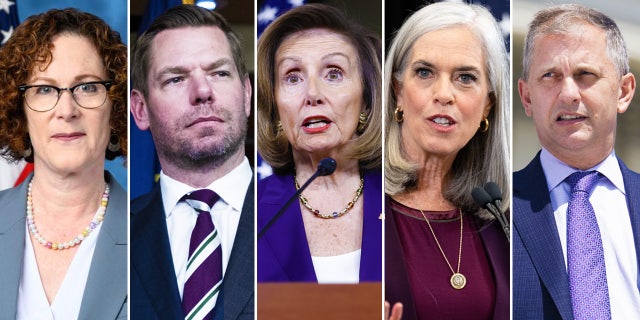 Rep. Val Hoyle, D-Ore., Rep. Eric Swalwell, D-Calif., Rep. Nancy Pelosi, D-Calif., Rep. Katherine Clark, D-Mass., and Rep. Sean Casten, D-Ill.