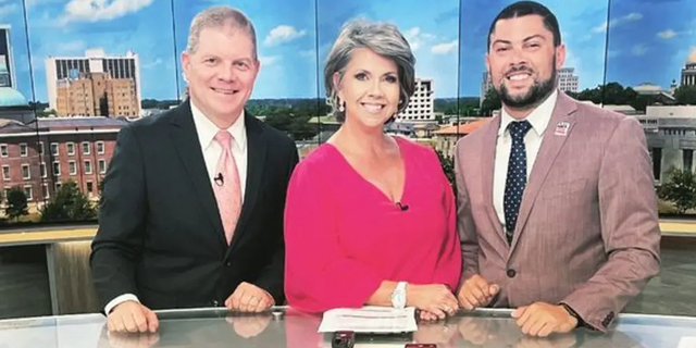 An image of Wilson Stribling, Barbie Bassett and Patrick Ellis standing behind the WLBT news desk.