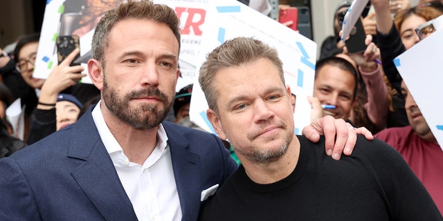Ben Affleck, left, and Matt Damon attend the world premiere of "AIR."