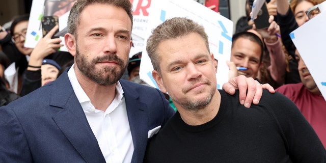 Ben Affleck, left, and Matt Damon attend the world premiere of "AIR."