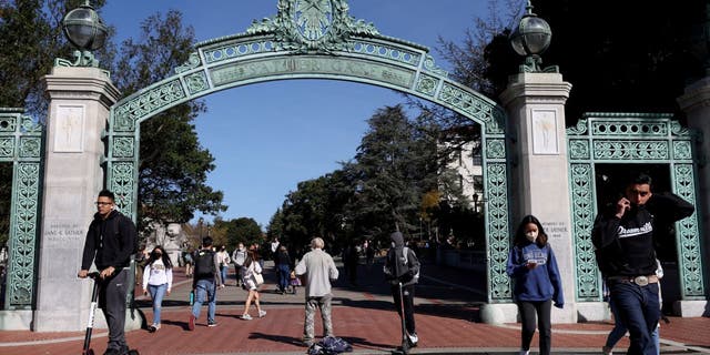 People walk along Sproul Plaza on the UC Berkeley campus on March 14, 2022 in Berkeley, California.