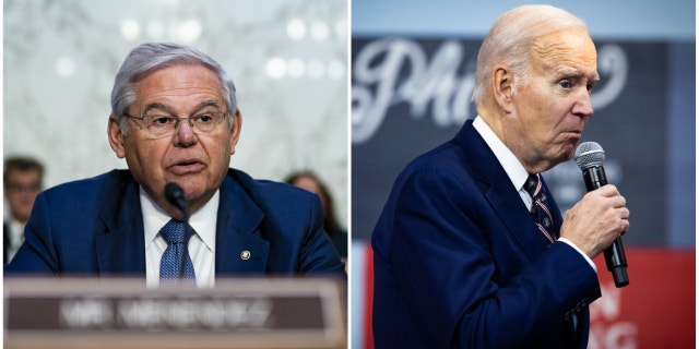 Sen. Bob Menendez, left, and President Biden.