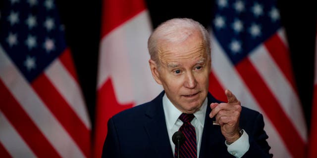 Presiden Joe Biden berbicara dalam konferensi pers di Gedung Sir John A. Macdonald di Ottawa, Kanada, pada 24 Maret 2023.