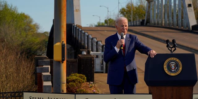 President Joe Biden speaks at an event near the Edmund Pettus Bridge in Selma, Alabama, US, on Sunday, March 5, 2023.