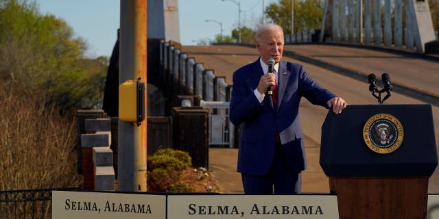 President Joe Biden speaks at an event near the Edmund Pettus Bridge in Selma, Alabama, US, on Sunday, March 5, 2023.
