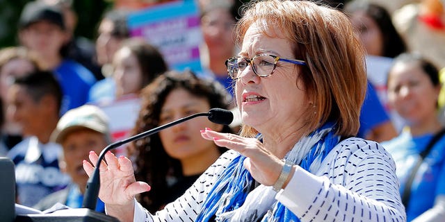 State Sen. Maria Elena Durazo addresses a gathering in Sacramento, California, on May 20, 2019. State lawmakers are trying to expand domestic workers' rights in a bill being introduced by Sen. Durazo.