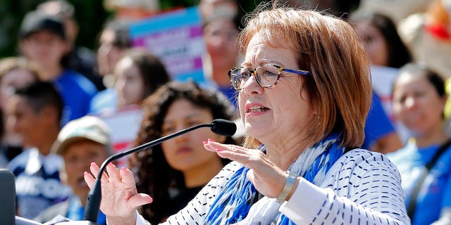 State Sen. Maria Elena Durazo addresses a gathering in Sacramento, California, on May 20, 2019. State lawmakers are trying to expand domestic workers' rights in a bill being introduced by Sen. Durazo.