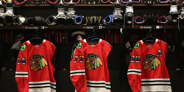 CHICAGO, ILLINOIS - APRIL 12: Rainbow colors are displayed on the Chicago Blackhawks warm up jerseys for Pride Night before the game against the Los Angeles Kings at the United Center on April 12, 2022 in Chicago, Illinois .
