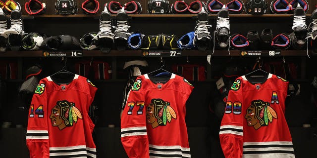 CHICAGO, ILLINOIS - APRIL 12: Rainbow colors are shown on the Chicago Blackhawks warm-up jerseys for Pride Night prior to the game against the Los Angeles Kings at United Center on April 12, 2022 in Chicago, Illinois.