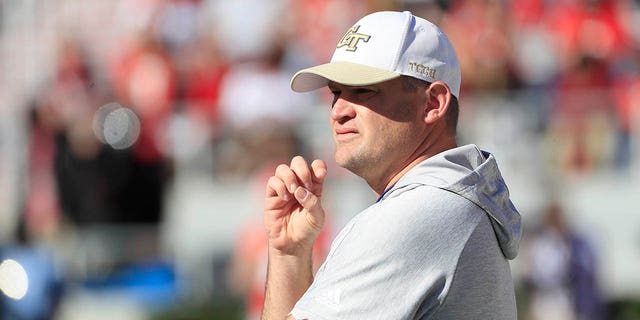 Georgia Tech Yellow Jackets interim head coach Brent Key before the game against the University of Georgia Bulldogs on Nov. 26, 2022, at Sanford Stadium in Athens.