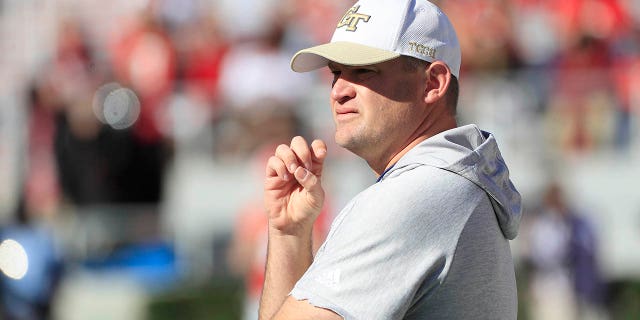 Georgia Tech Yellow Jackets interim head coach Brent Key before the game against the University of Georgia Bulldogs on Nov. 26, 2022, at Sanford Stadium in Athens.