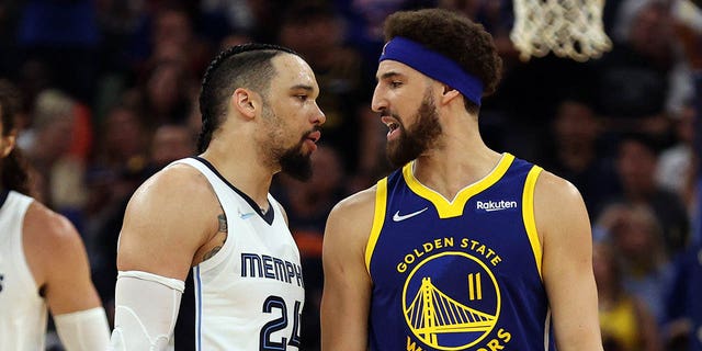 Dillon Brooks, #24 of the Memphis Grizzlies ,and Klay Thompson, #11 of the Golden State Warriors, exchange words during the second quarter in Game Six of the 2022 NBA Playoffs Western Conference Semifinals at the Chase Center on May 13, 2022, in San Francisco, California. 