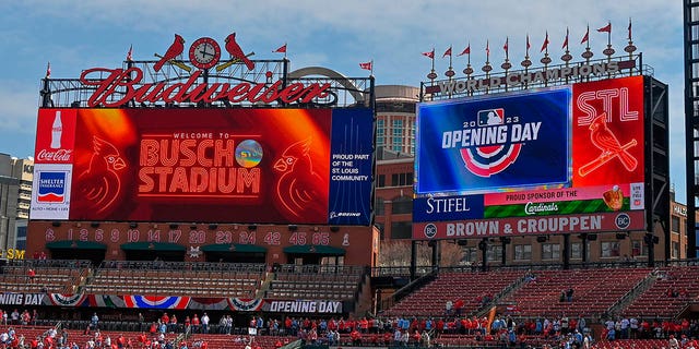 A general view of Busch Stadium before a game between the St. Louis Cardinals and the Toronto Blue Jays on opening day on March 30, 2023 in St Louis, Missouri.
